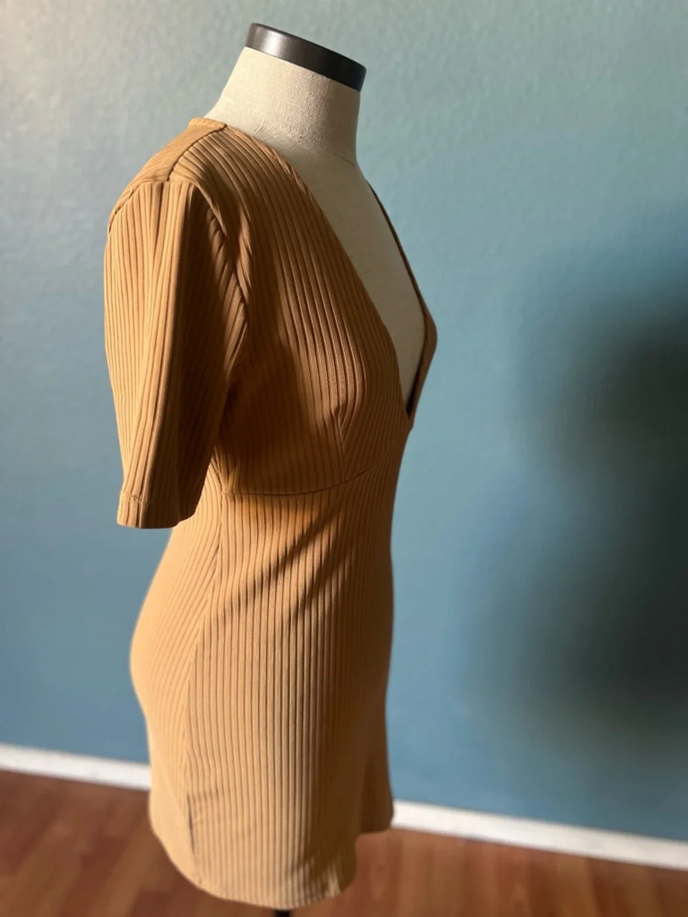 Forever 21 Ribbed Deep V-Neck Mini Dress in Camel bodycon dress spring‎ summer